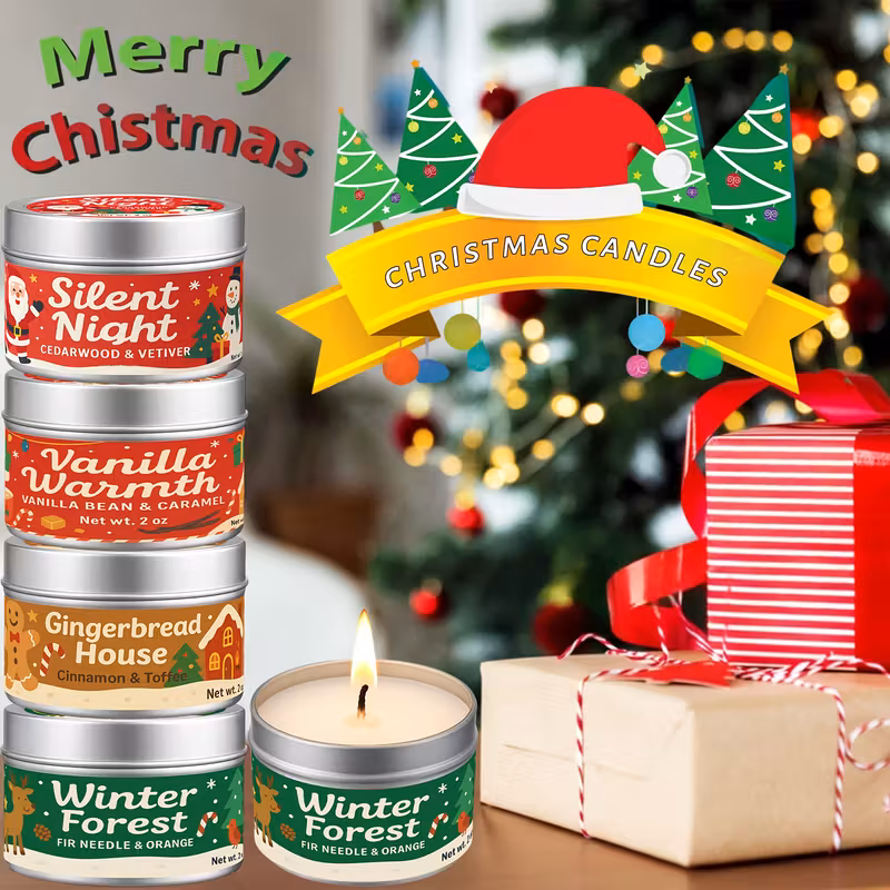 4 types of Christmas fragrance tin-shaped home decorations, festival decorations, festive atmosphere, warm winter fragrance, seasonal decorations, handcrafted mold candles, decorative candles, festival scented candle gift box set