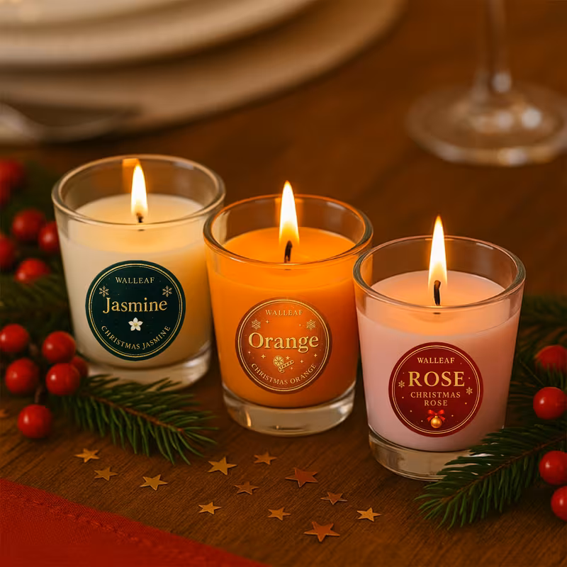 Three-piece Festival Candles Gift Set in Glass Jars (Jasmine, Orange, Rose) - Suitable for home decoration, bedroom, bathroom, meditation, relaxation and a cozy winter night. Ideal Christmas candle gift set for women, friends and family.