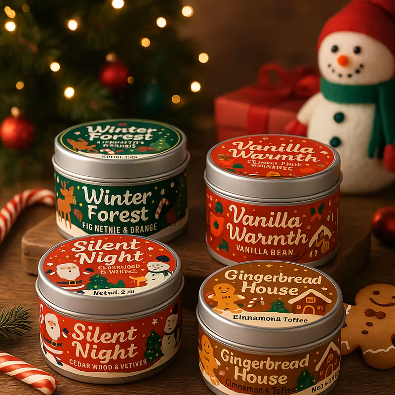 4 types of Christmas fragrance tin-shaped home decorations, festival decorations, festive atmosphere, warm winter fragrance, seasonal decorations, handcrafted mold candles, decorative candles, festival scented candle gift box set