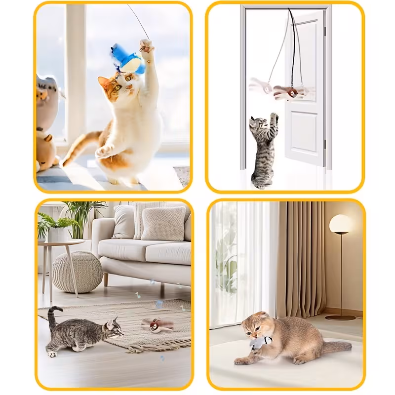 Pet cats and dogs use electric plush cat toys for play. They are modeled after birds and have artificial feathers for tails.