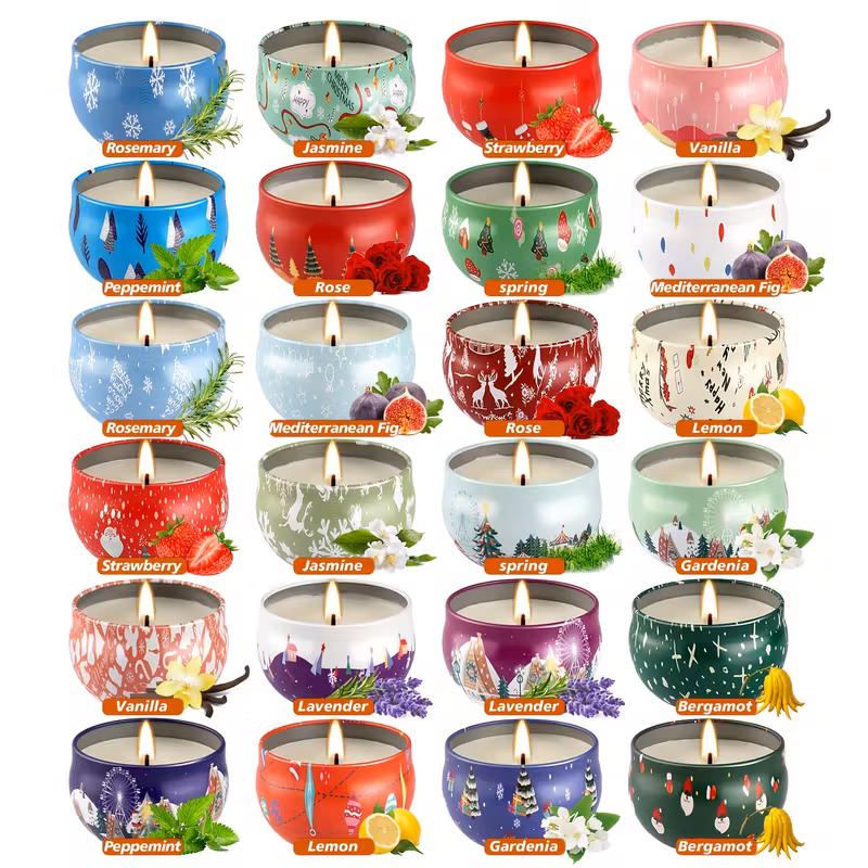 Christmas-themed patterns, 24 scented candles set, romantic and cozy, creating a warm and comfortable Christmas atmosphere. Long-lasting scented soy candles suitable for Christmas, as holiday gifts, candle gift sets for ladies.