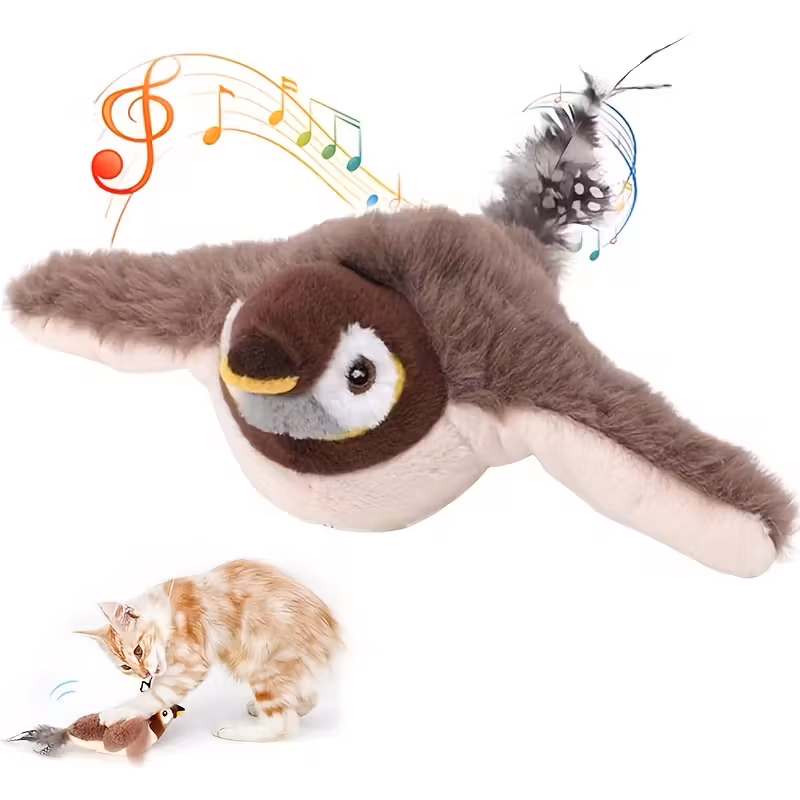 Pet cats and dogs use electric plush cat toys for play. They are modeled after birds and have artificial feathers for tails.