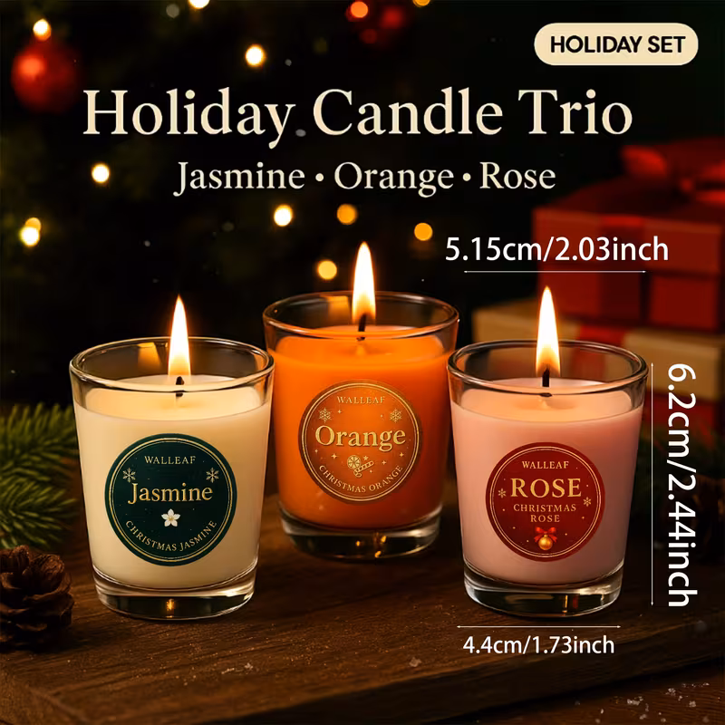 Three-piece Festival Candles Gift Set in Glass Jars (Jasmine, Orange, Rose) - Suitable for home decoration, bedroom, bathroom, meditation, relaxation and a cozy winter night. Ideal Christmas candle gift set for women, friends and family.