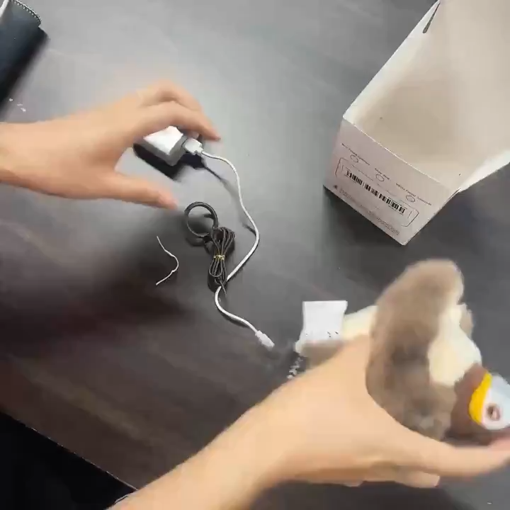 Pet cats and dogs use electric plush cat toys for play. They are modeled after birds and have artificial feathers for tails.