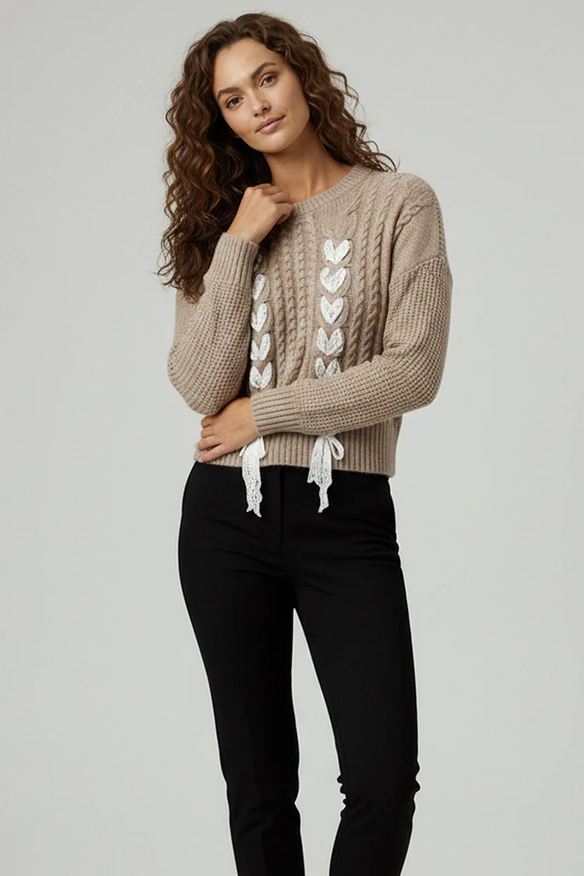 PLUS ROUND NECK CABLE PATTERN LACE BOW SWEATER