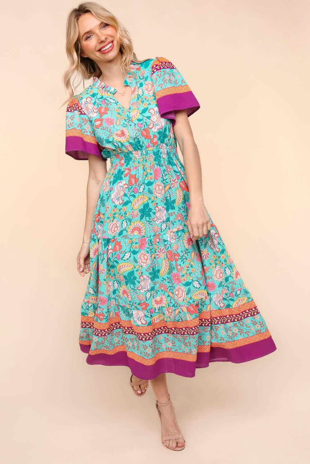 MAX FLORAL BORDER PRINT DRESS W/SIDE POCKETS