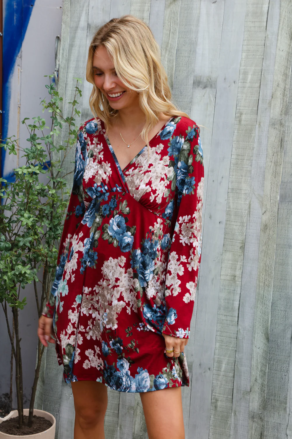 Burgundy Floral Print Dress