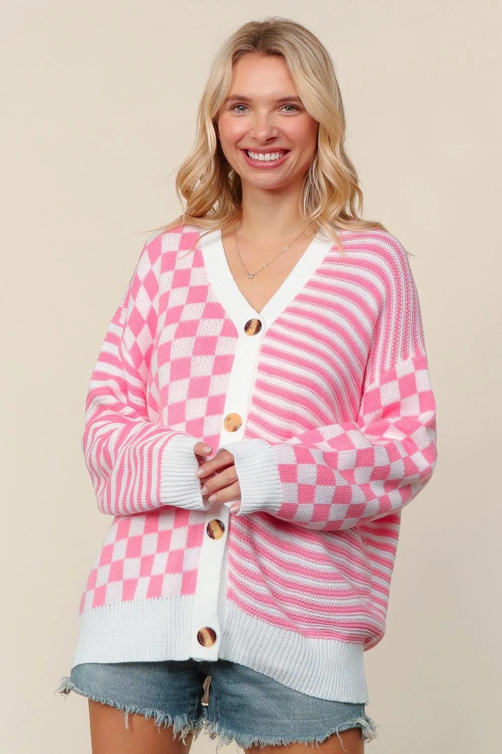 PLUS BUTTON DOWN CHECKER STRIPE SWEATER CARDIGAN