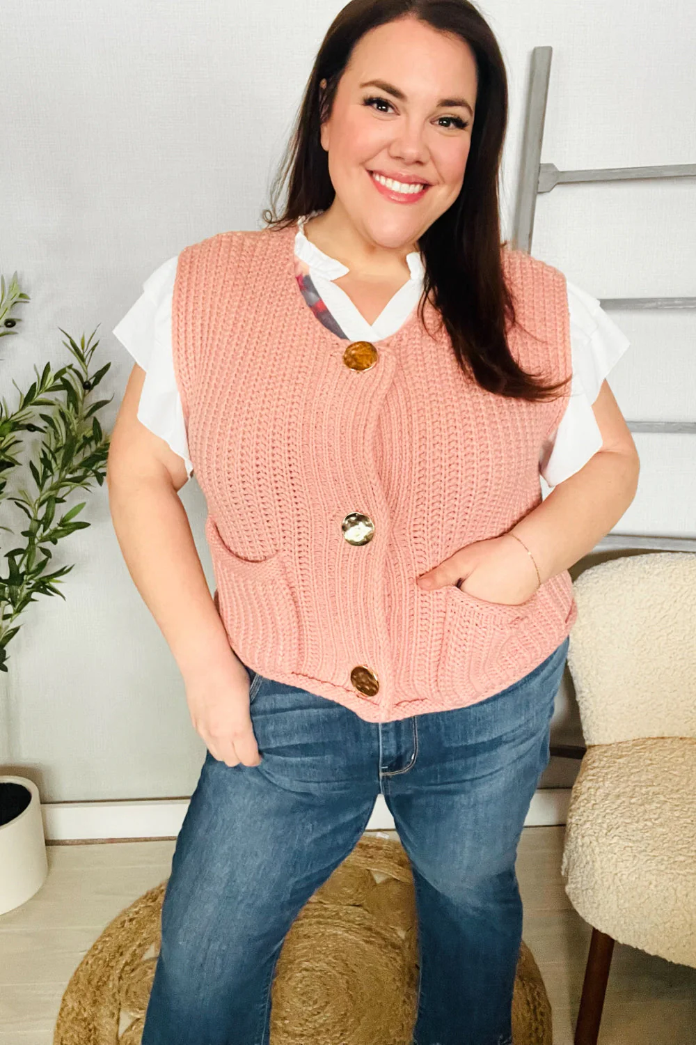 Classy Chic Gold Button Down Chunky Sweater Vest (Open Pack)