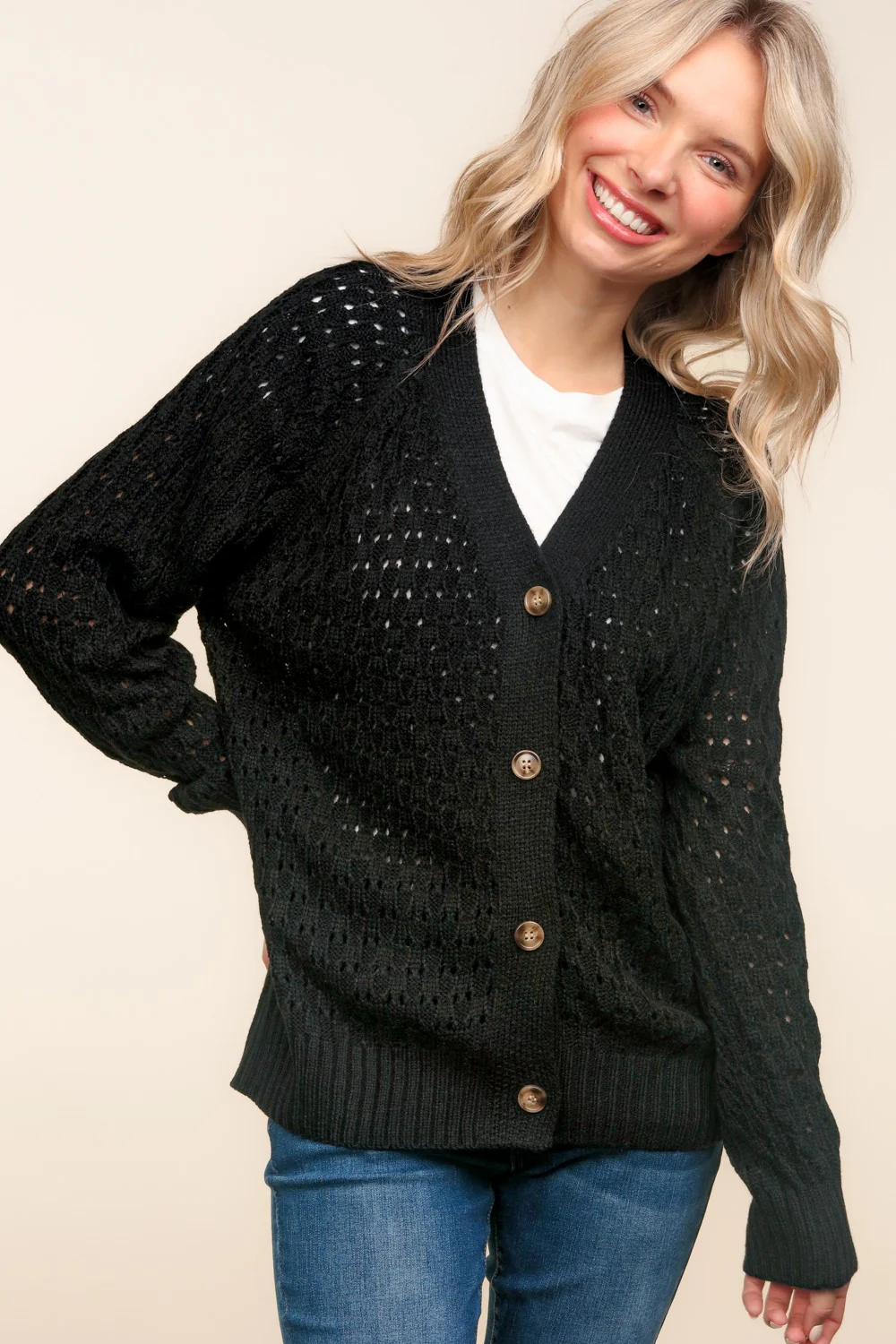 BUTTON DOWN POINTELLE SOLID SWEATER CARDIGAN