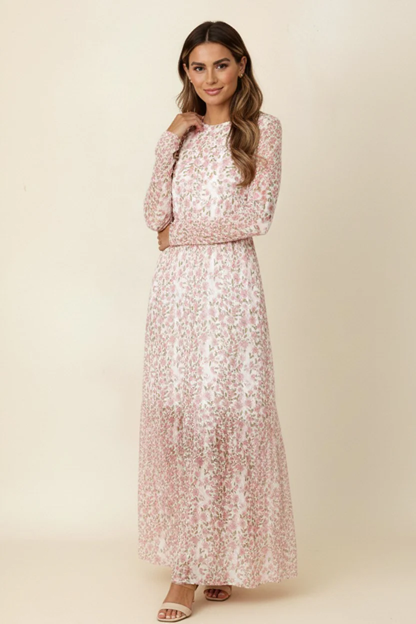 LONG SLEEVE FLORAL MESH MIDI DRESS
