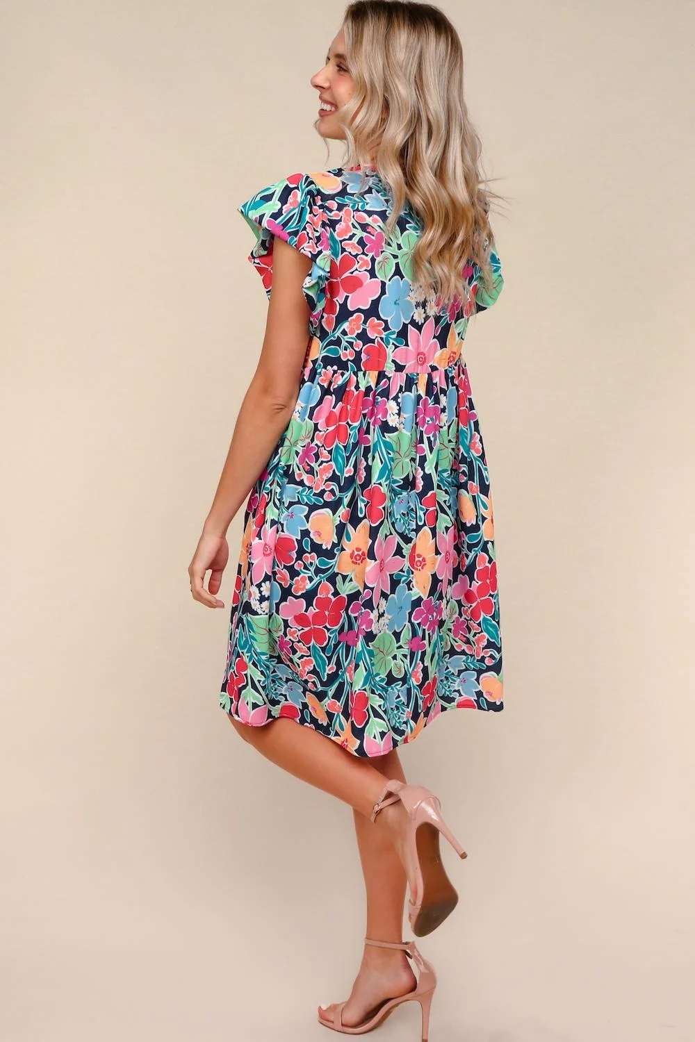 NAVY FLORAL KNEE LENGTH DRESS W/ SIDE POCKETS
