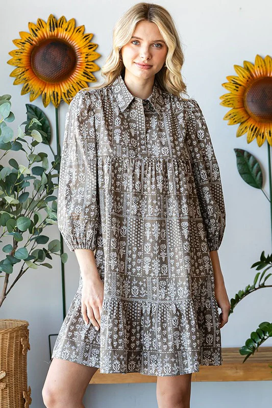 Off Olive Floral Design Woven Dress