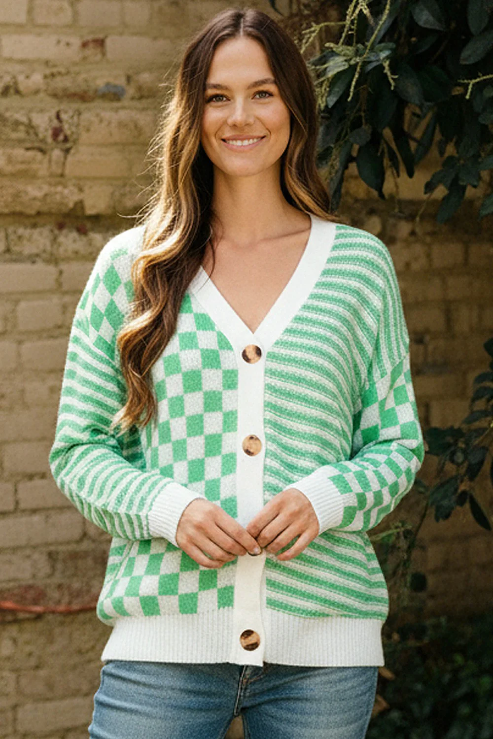 BUTTON DOWN CHECKER STRIPE SWEATER CARDIGAN