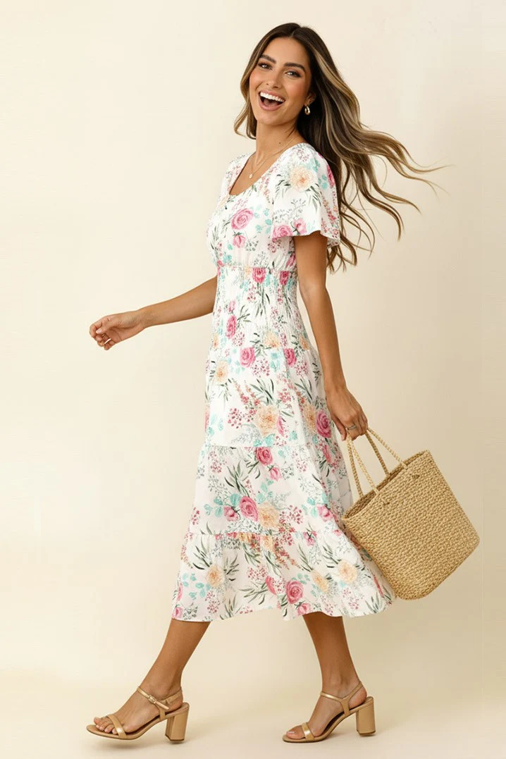 SMOCKED WAIST TIERED FLORAL MIDI LENGTH DRESS
