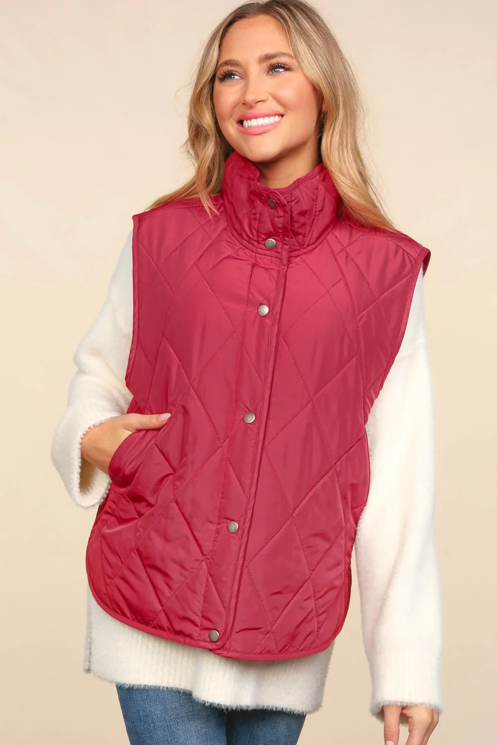 Burgundy Sleeveless Snap Button Quilted Puffer Vest