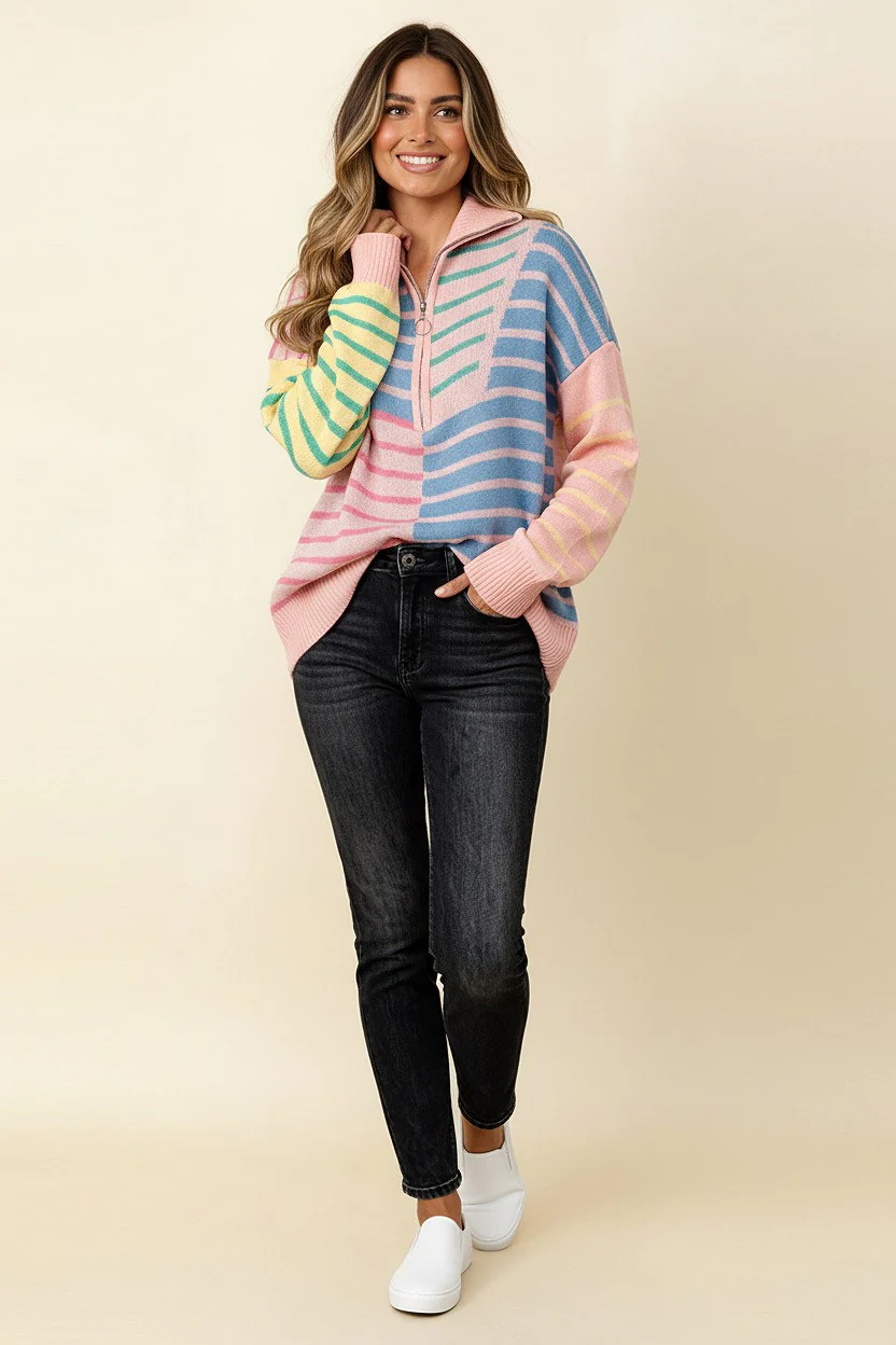 PLUS HALF ZIP UP STRIPE OVERSIZED SWEATER KNIT TOP