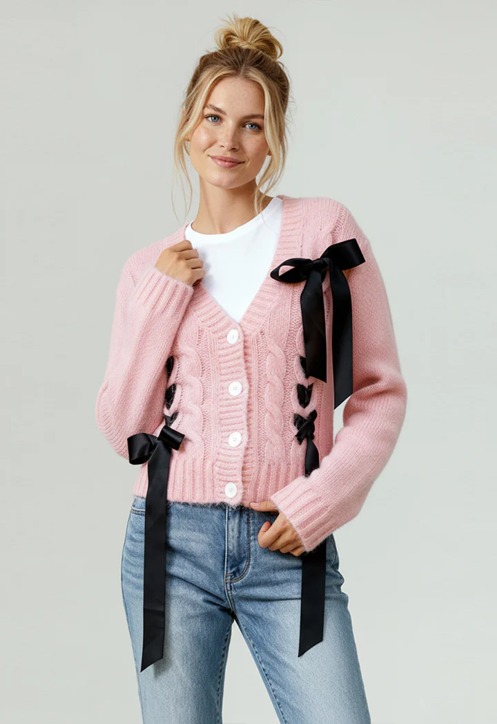 CABLE KNIT RIBBON BOW SWEATER CARDIGAN