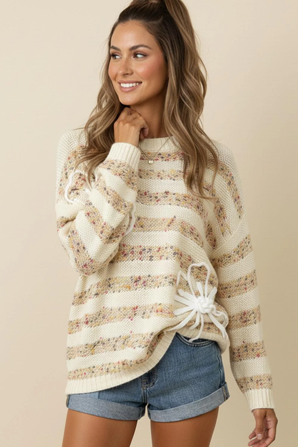 POPCORN STRIPE 3D FLOWER LONG SLEEVE SWEATER