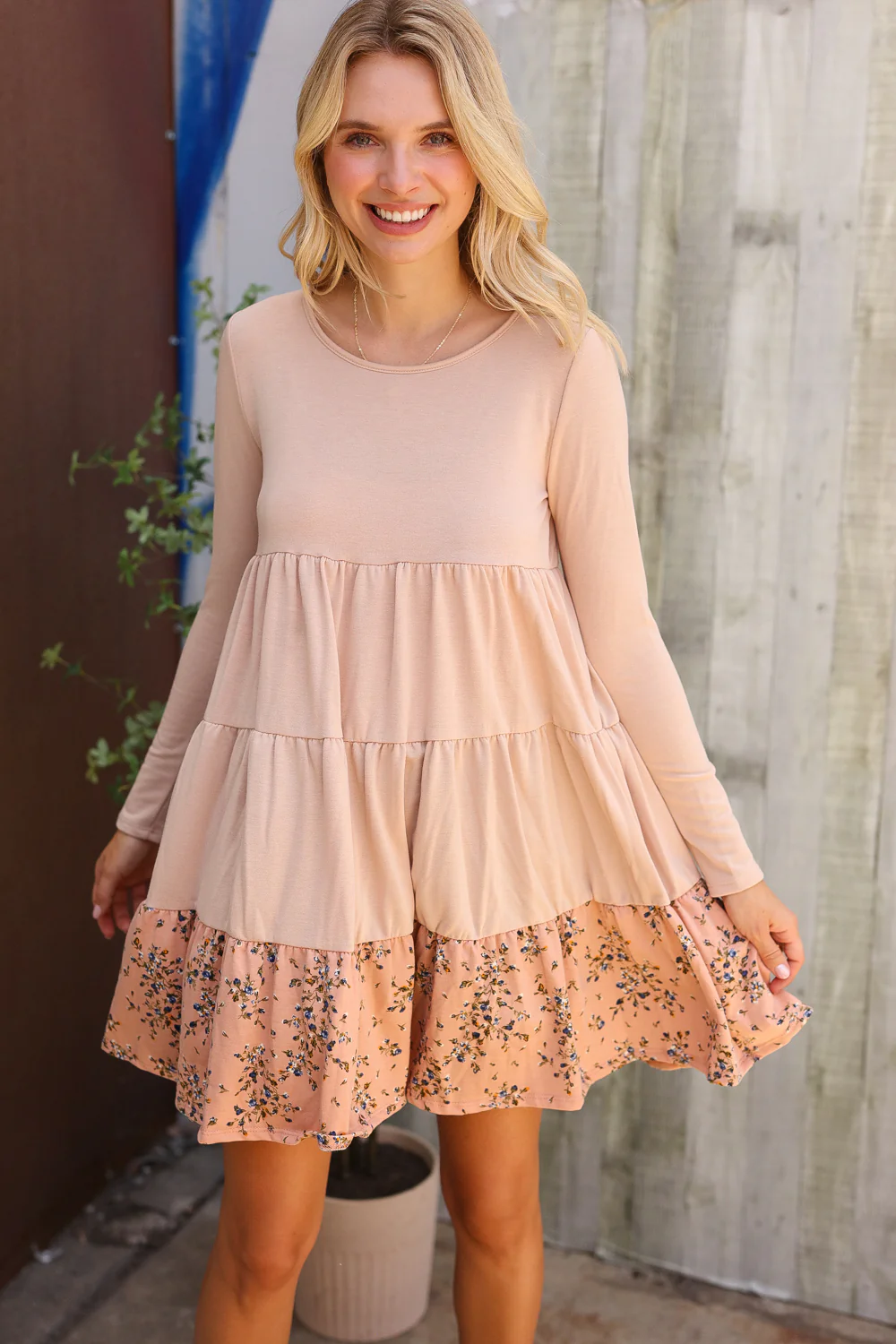 Taupe French Terry Floral Tiered Dress