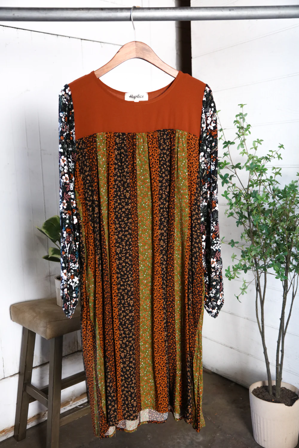 Stripe Floral Color Block Bubble Sleeve Dress