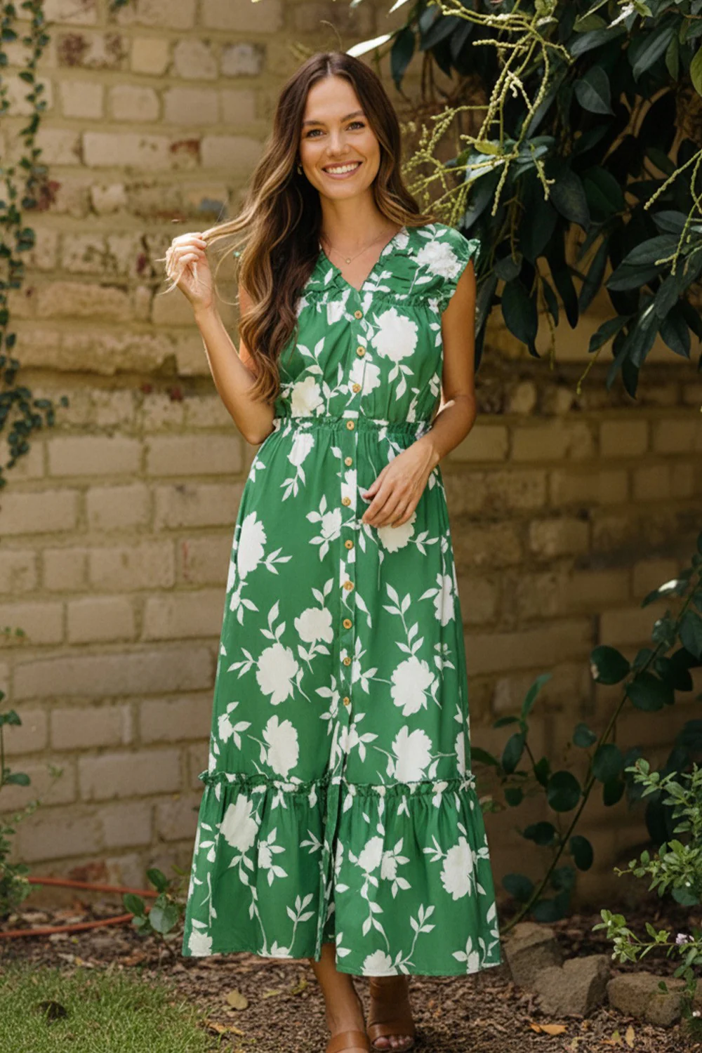 BUTTON DOWN CAP SLEEVE MIDI FLORAL DRESS