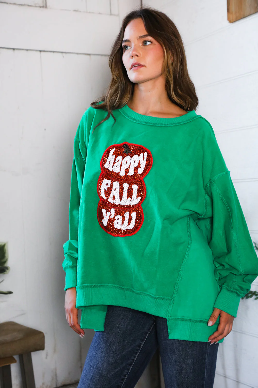 'Happy Fall Y'all' Kelly Green Sweater (Open Pack)