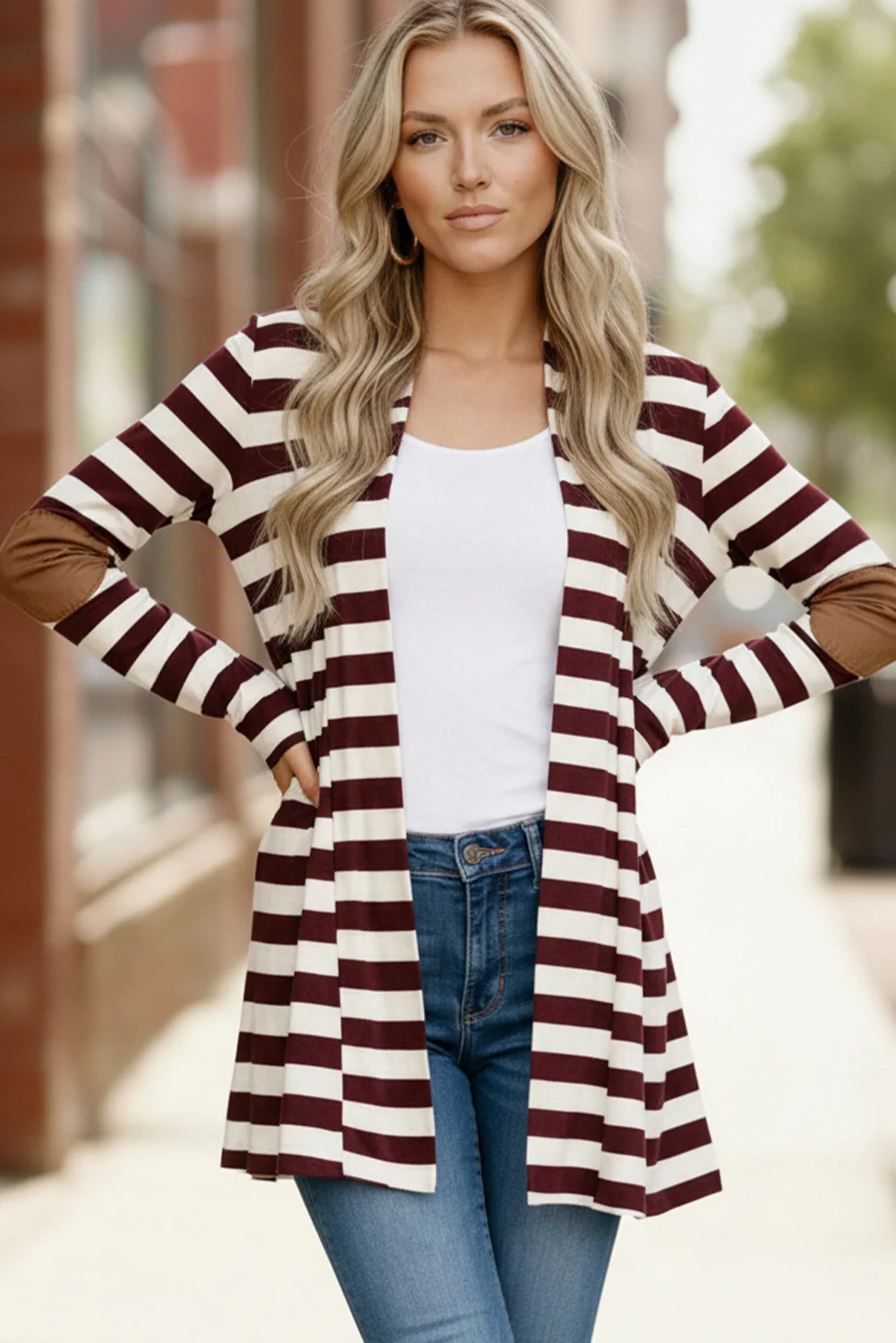 Plus Burgundy size open front striped cardigan with patches