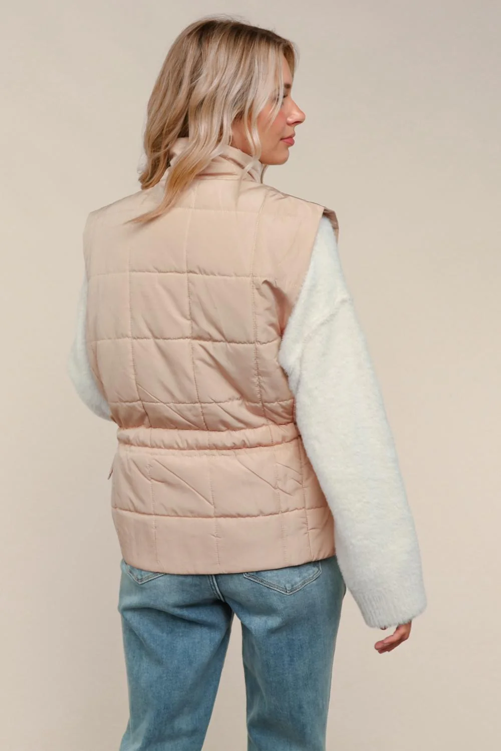 Plus Tan High Neck Zip Up Quilted Puffer Vest