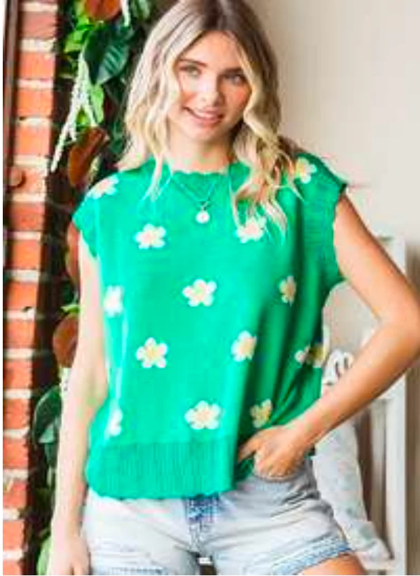GREEN FLORAL PATTERN LIGHT KNITTED VEST