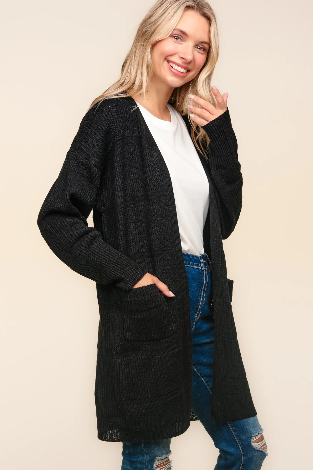 BLACK STRIPE TEXTURED OPEN CARDIGAN WITH POCKETS