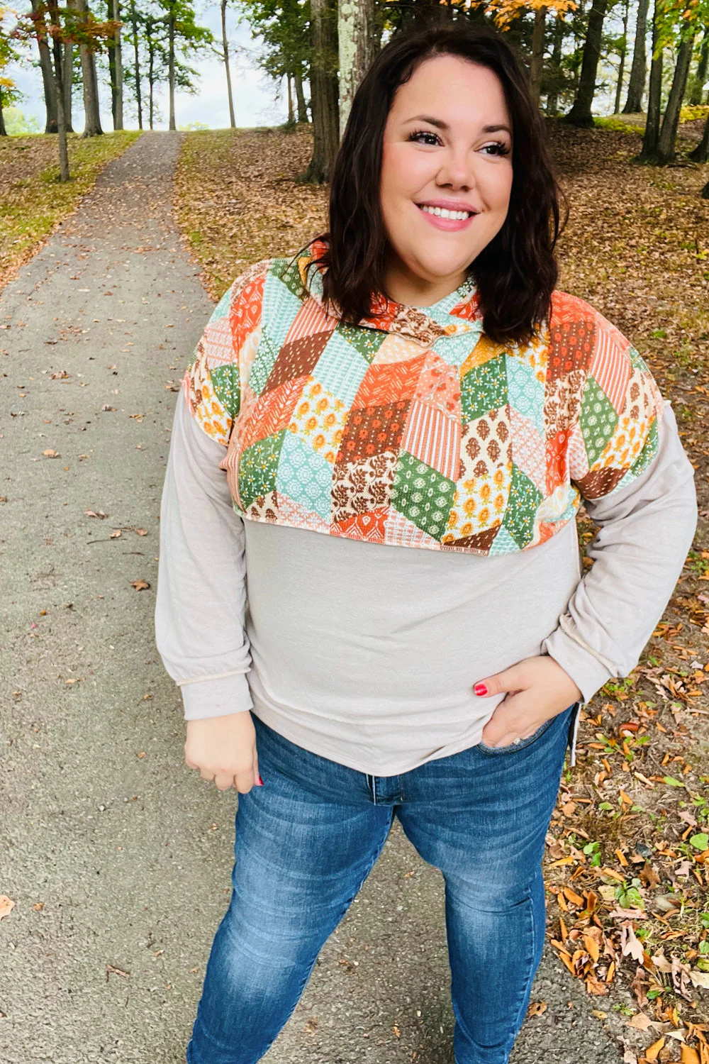 Rust & Olive Patchwork Print Yoke Hoodie Top (Open Pack)