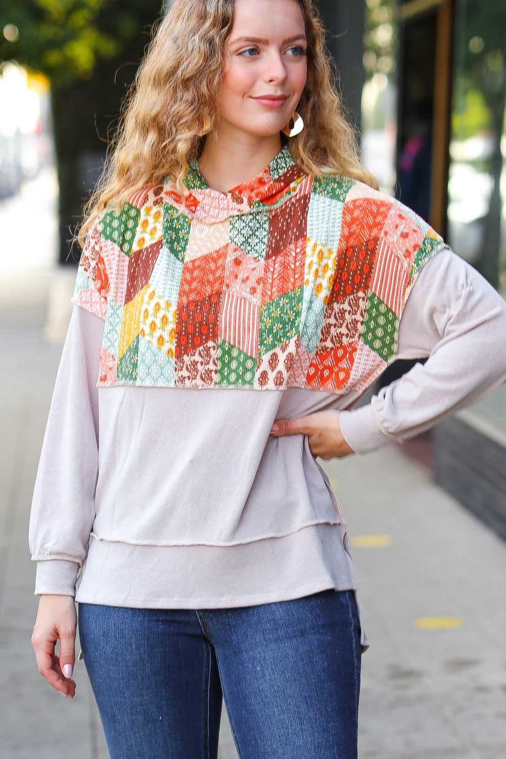 Rust & Olive Patchwork Print Yoke Hoodie Top (Open Pack)