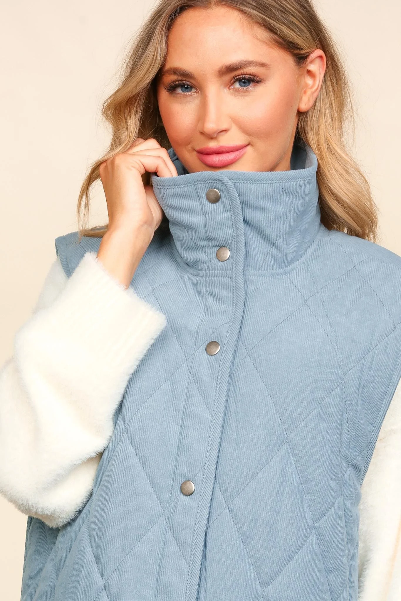 Slat Blue High Neck Sleeveless Snap Button Corduroy Vest