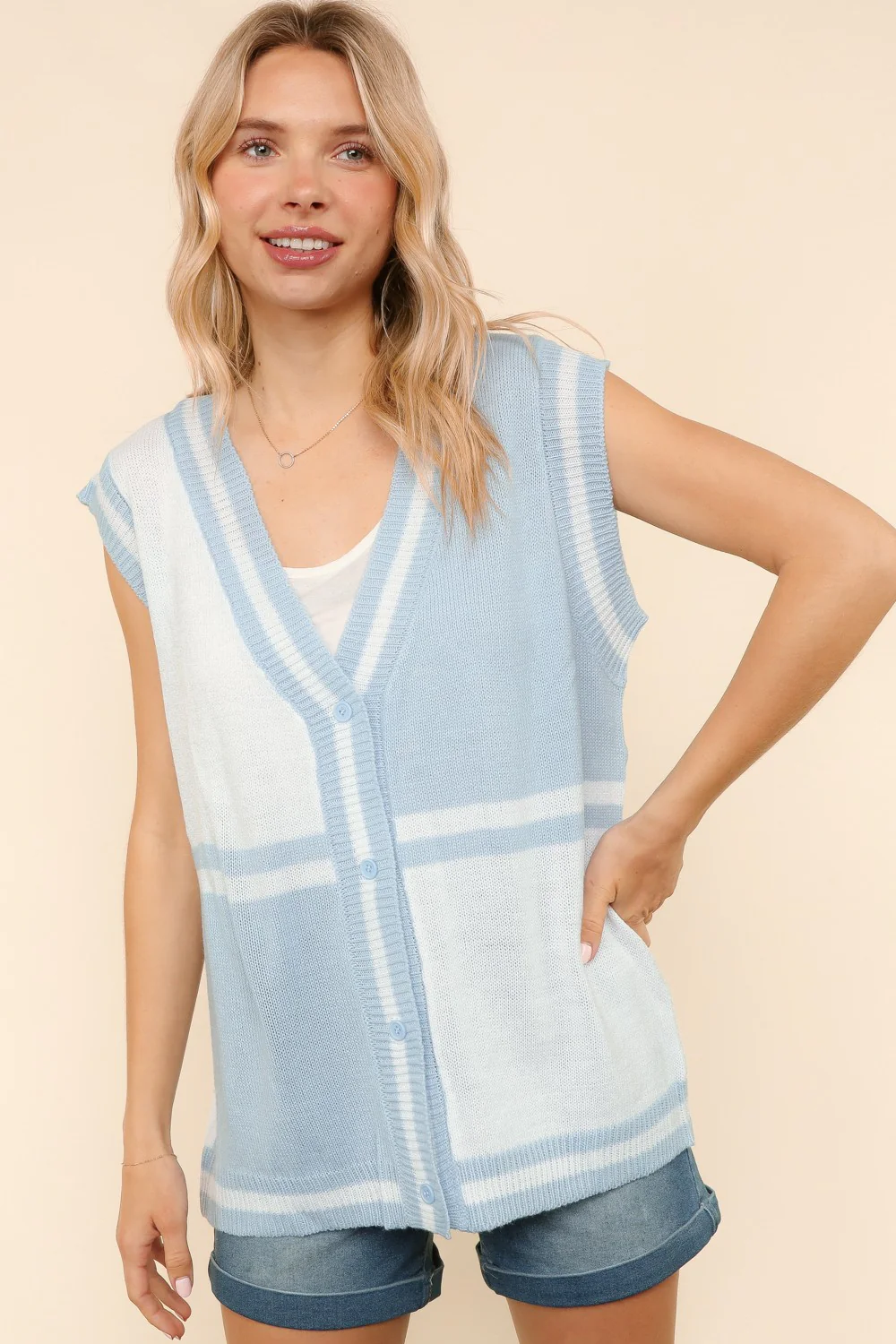 Light Blue V Neck Button Down Color Block Sweater Vest