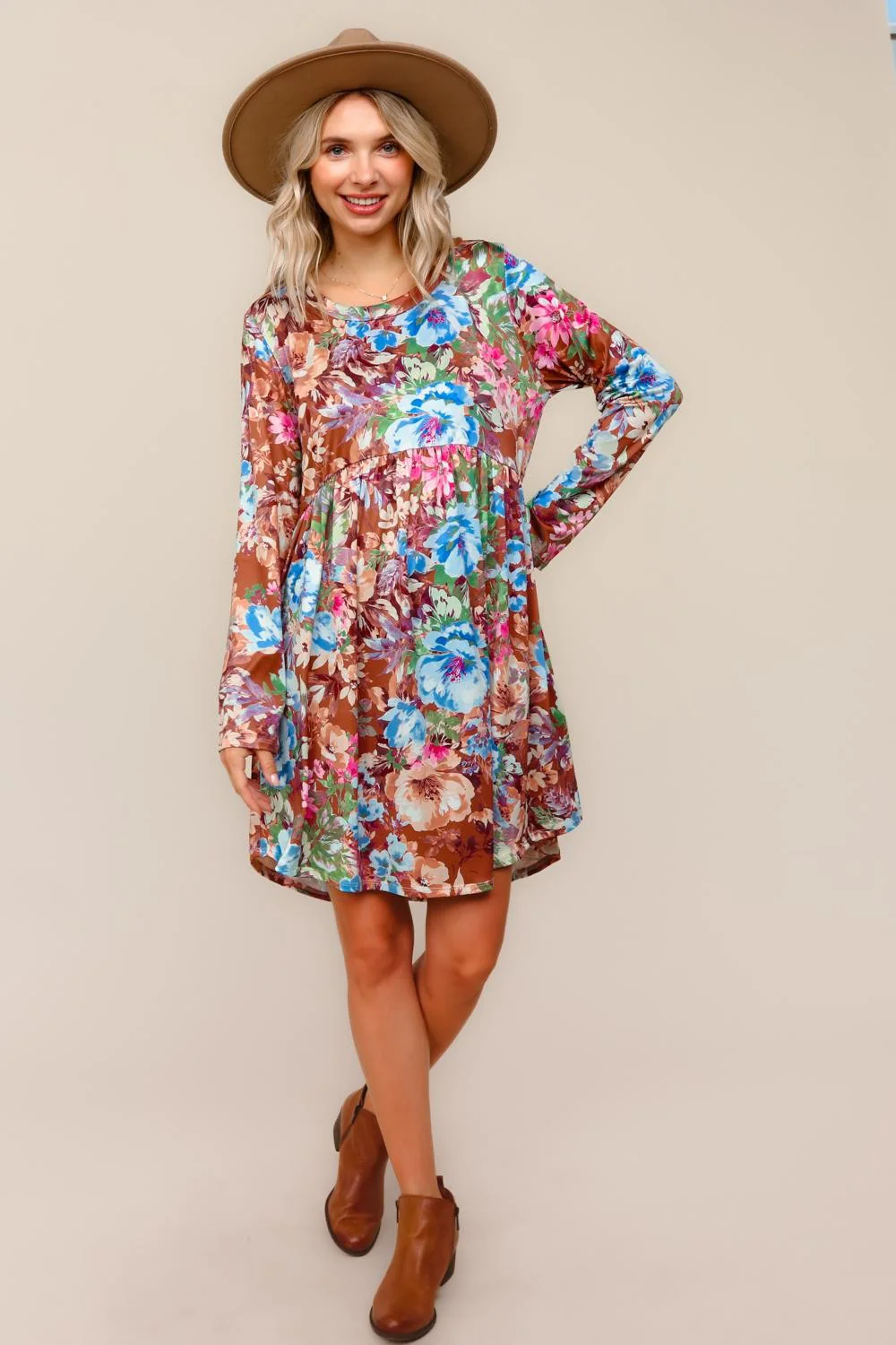 Floral Babydoll Midi Dress W/Side Pocket
