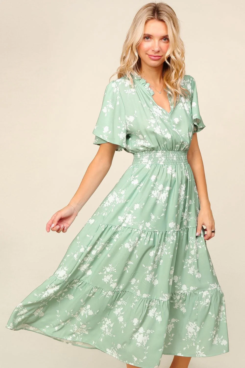 FRILLED NOTCH NECK SMOCKED WAIST FLORAL DRESS