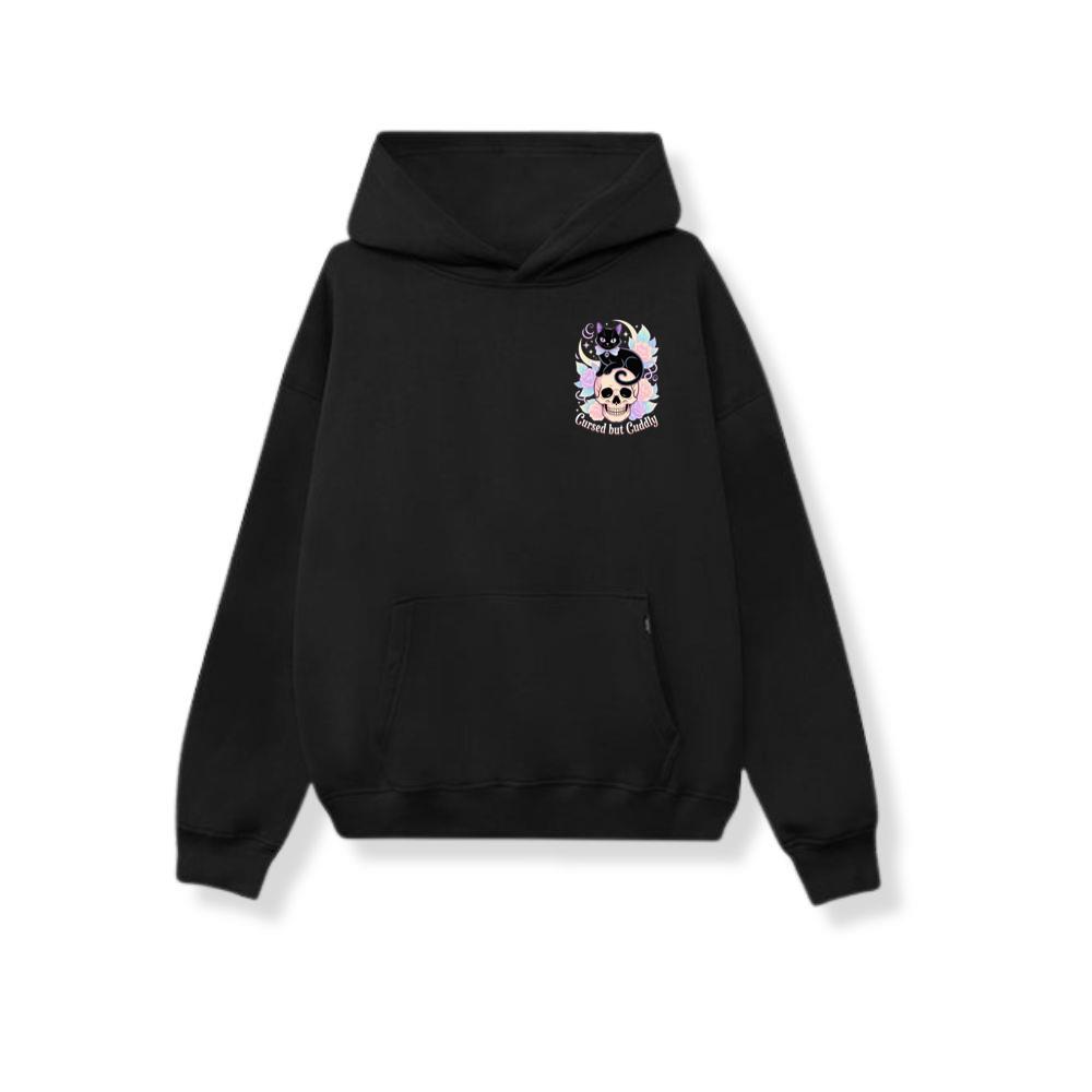 Cursed but Cuddly Skull Cat Retro Graphic Hoodie