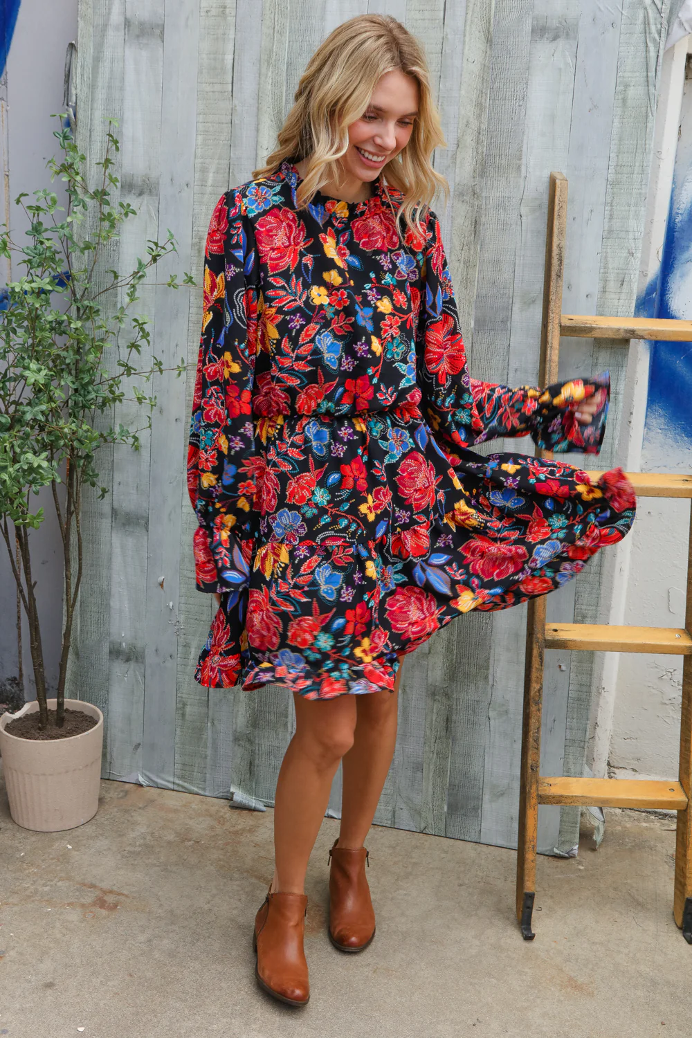 Black Woven Floral Print Dress