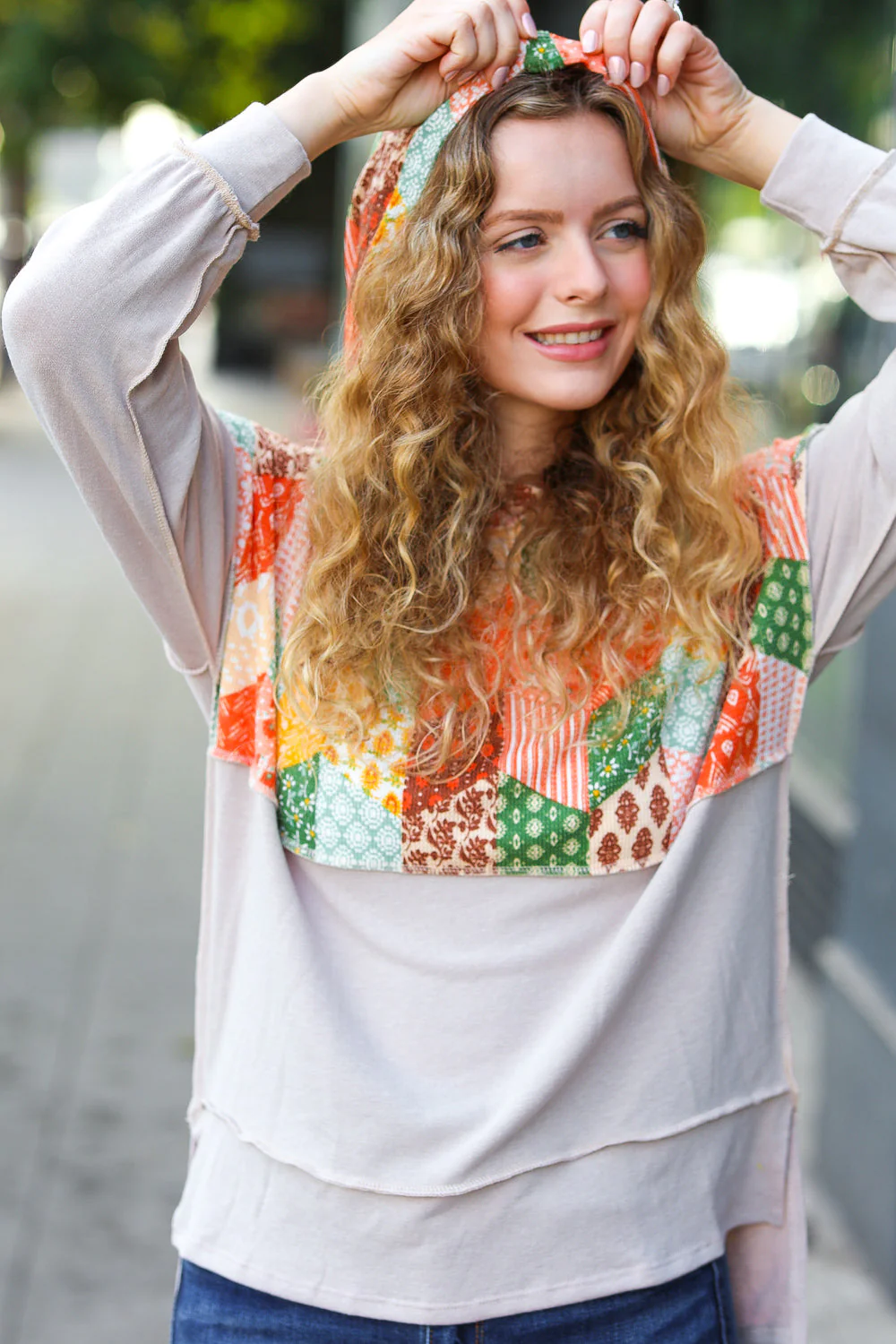 Rust & Olive Patchwork Print Yoke Hoodie Top (Open Pack)