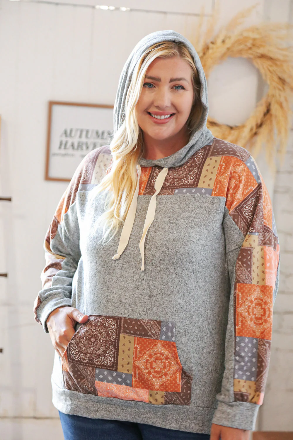 Harvest Ethnic Patchwork Print Kangaroo Pocket Hoodie (Open Pack)