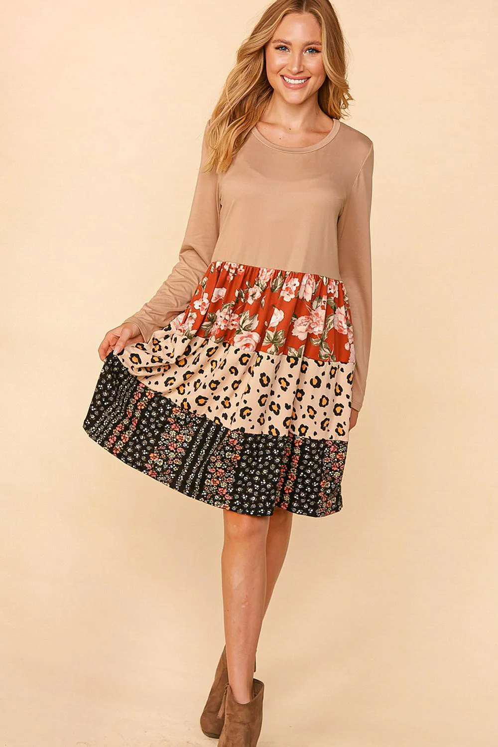 PLUS FLORAL & LEOPARD TIERED MIDI DRESS