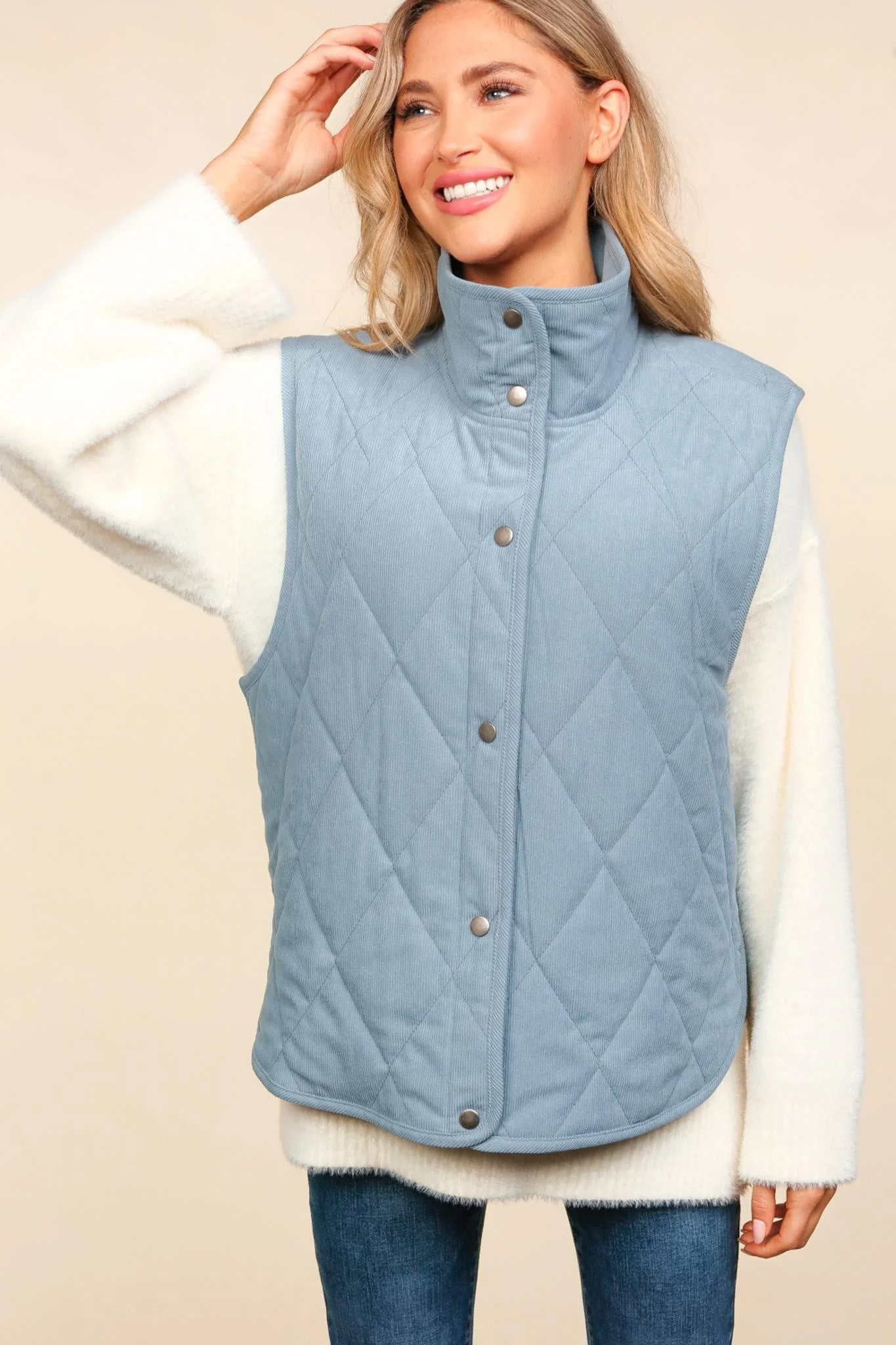 Slat Blue High Neck Sleeveless Snap Button Corduroy Vest