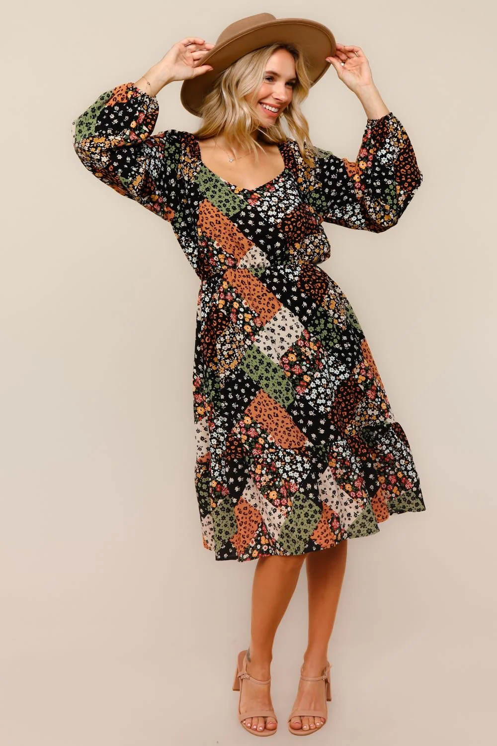 Plus Midi Floral Woven Dress W/ Elastic Waist ( 5pc )