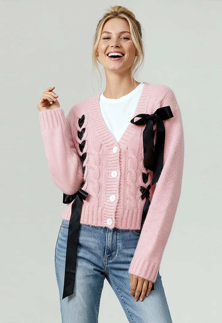 CABLE KNIT RIBBON BOW SWEATER CARDIGAN