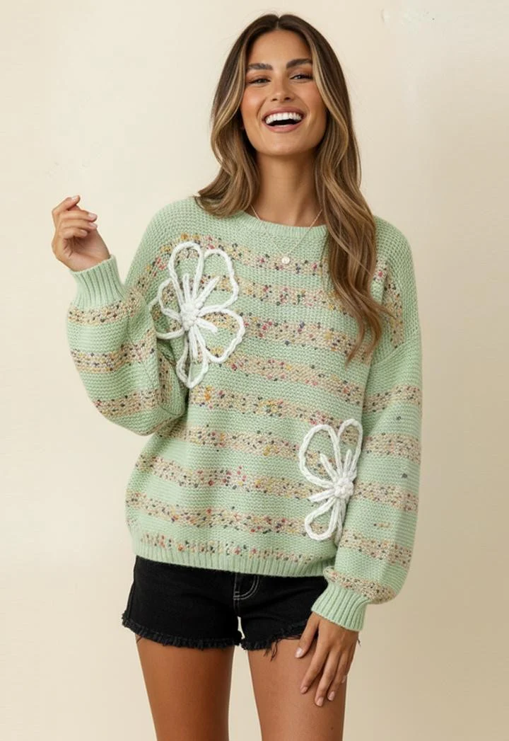 POPCORN STRIPE 3D FLOWER LONG SLEEVE SWEATER