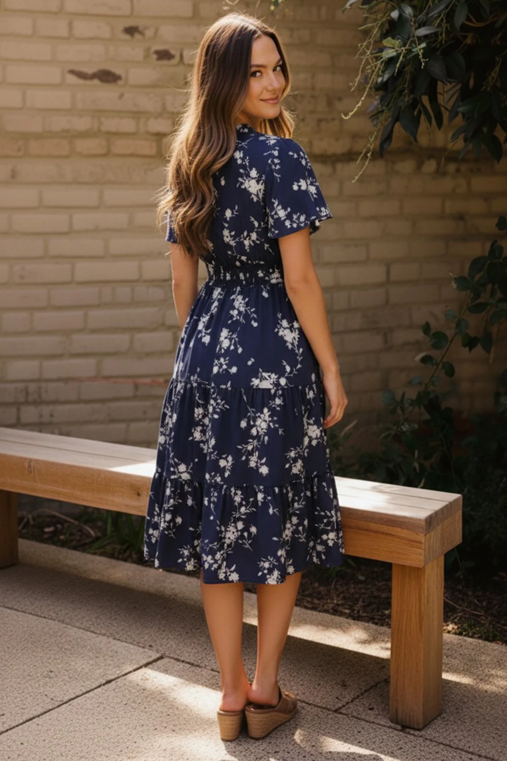 PLUS FRILLED NOTCH NECK SMOCKED WAIST FLORAL DRESS