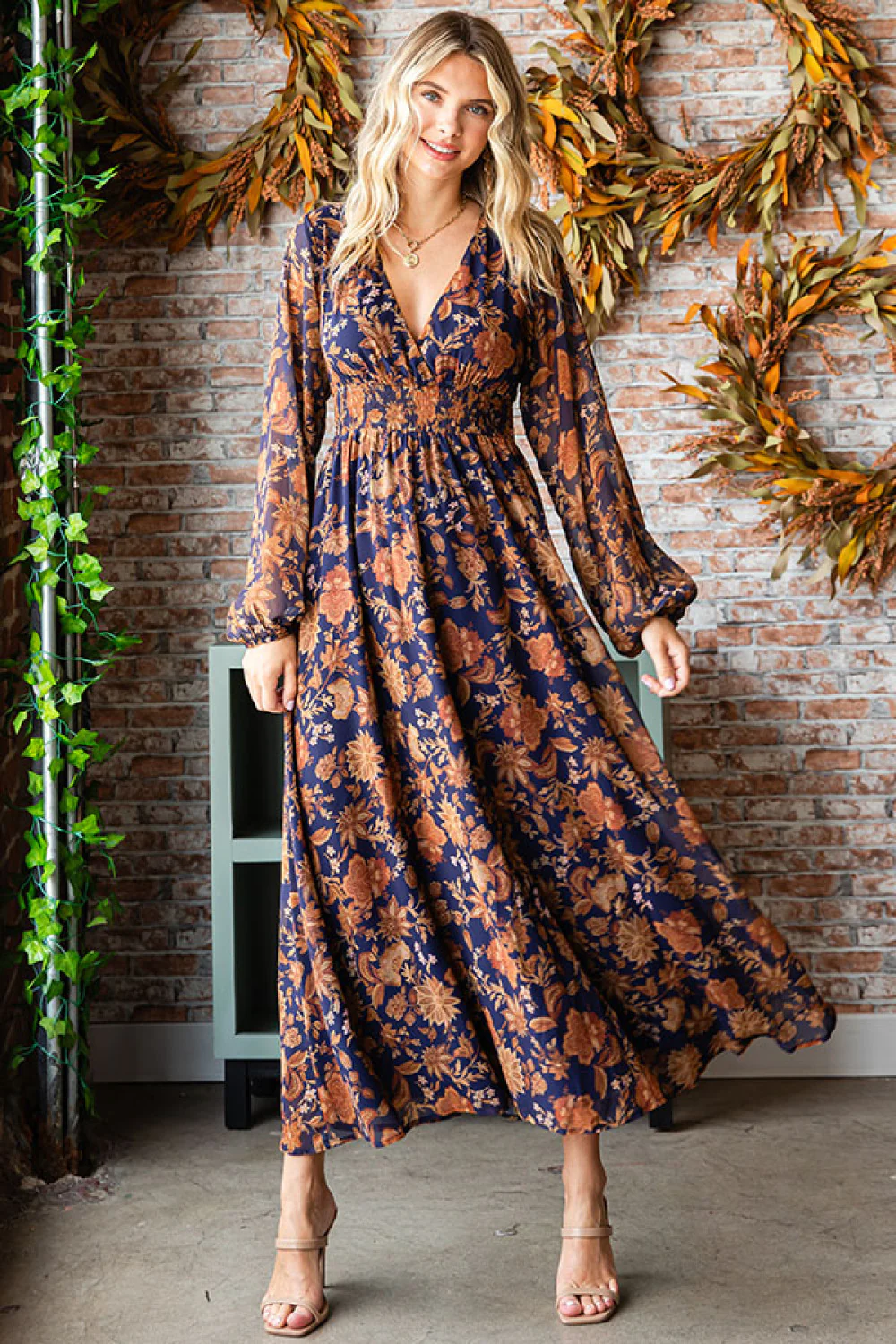 NAVY & GOLD WOVEN FLORAL DRESS