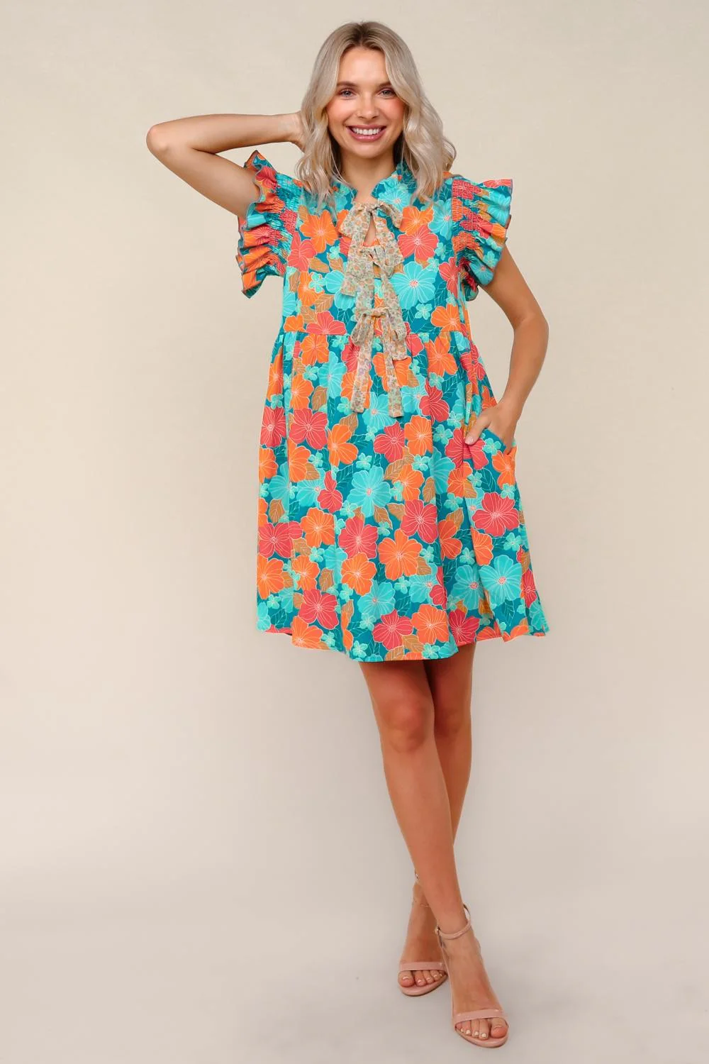 PLUS FLORAL CHIFFON DRESS W/ RUFFLE SHORT SLEEVES