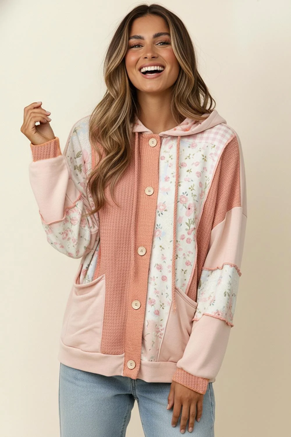 BUTTON WAFFLE FLORAL COLOR BLOCK HOODIE JACKET